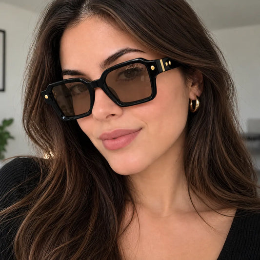 John Dalia Black Geometric Square Sunglasses with Brown Lenses