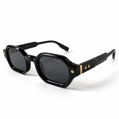 John Dalia Black Geometric Sunglasses with Dark Grey Lenses & Gold Accents