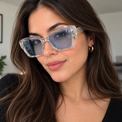 Crystal Clear Oversized Square Sunglasses with Blue Lenses