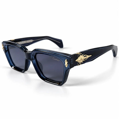 Navy Blue Square Sunglasses with Gold Temple Accents