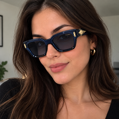 Navy Blue Square Sunglasses with Gold Temple Accents