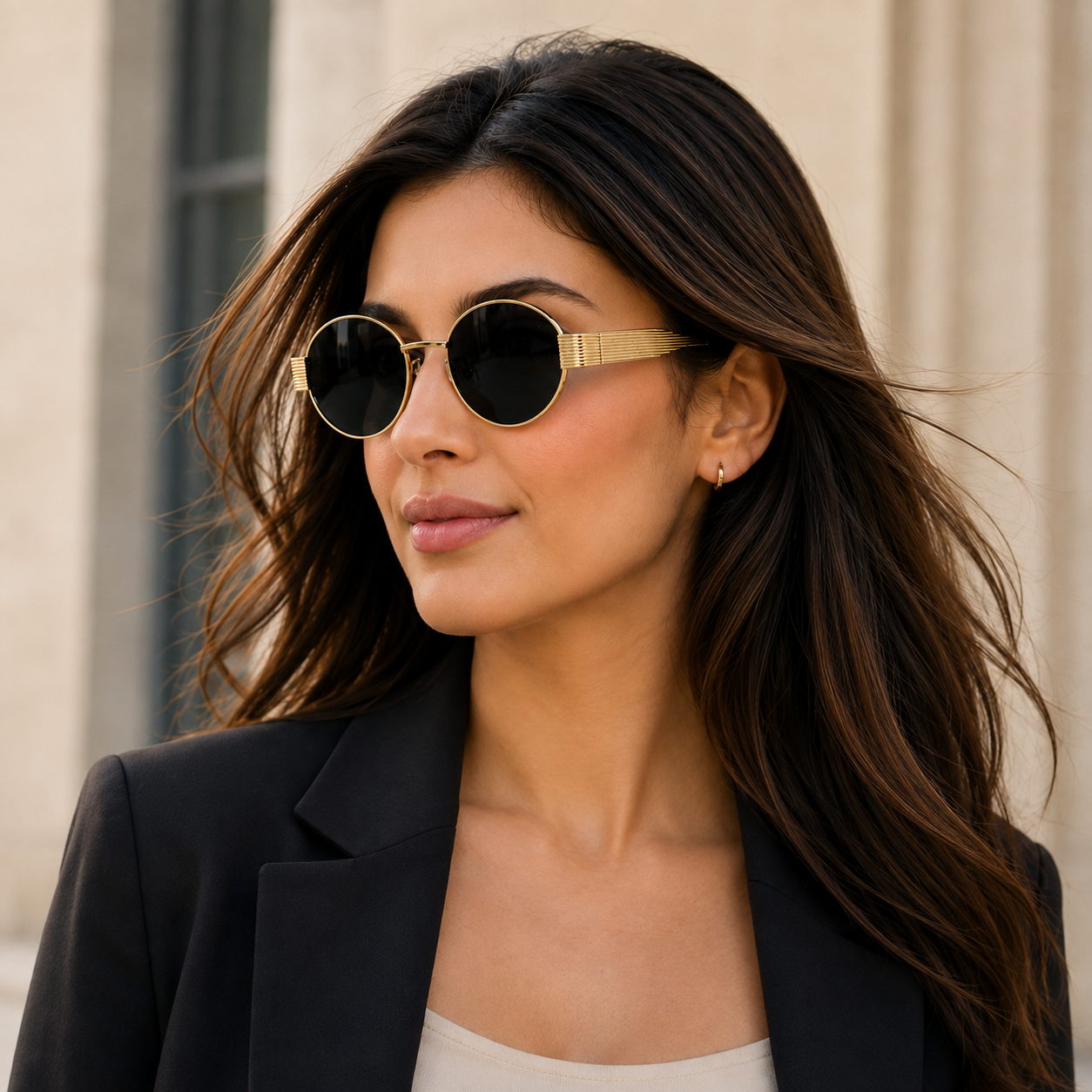 Retro Oval Gold Frame Black Lens Sunglasses for Women