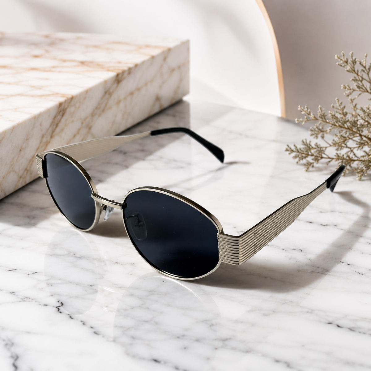 Retro Oval Black Silver Frame Sunglasses for Women