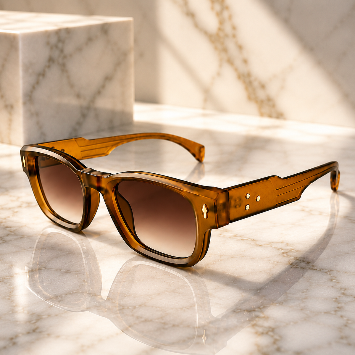 Brown Tortoise Square Acetate Sunglasses with Gold Rivets