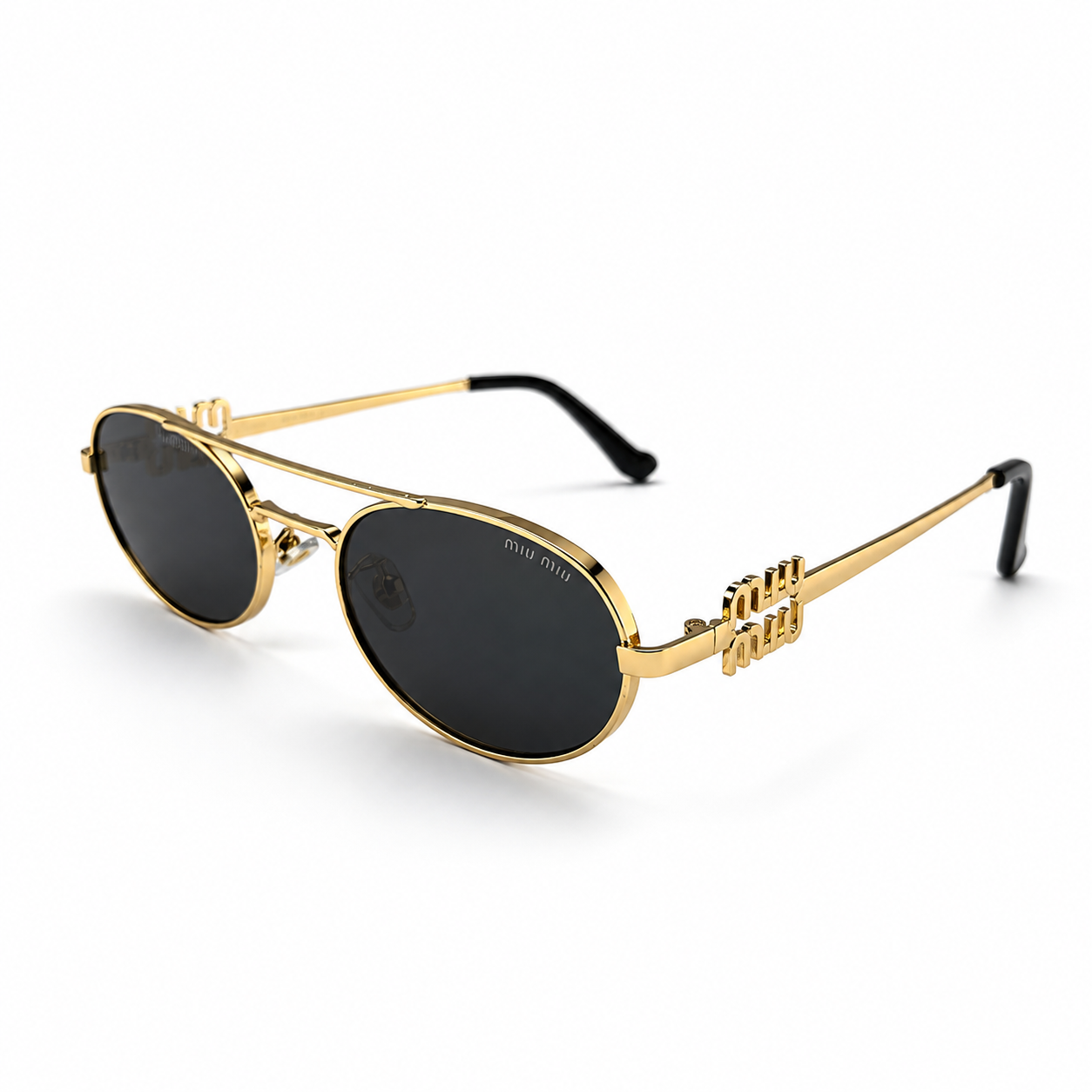Miu Miu MU54ZS Gold Tone Oval Black Lens Logo Sunglasses