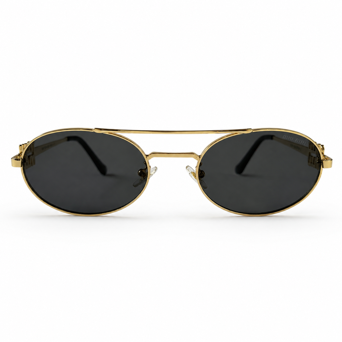 Miu Miu MU54ZS Gold Tone Oval Black Lens Logo Sunglasses
