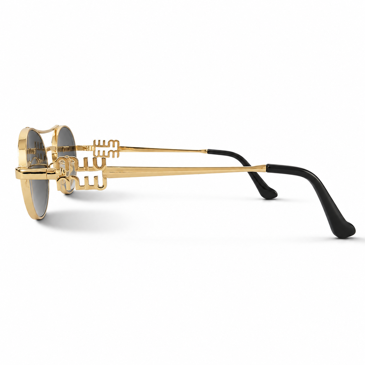 Miu Miu MU54ZS Gold Tone Oval Black Lens Logo Sunglasses