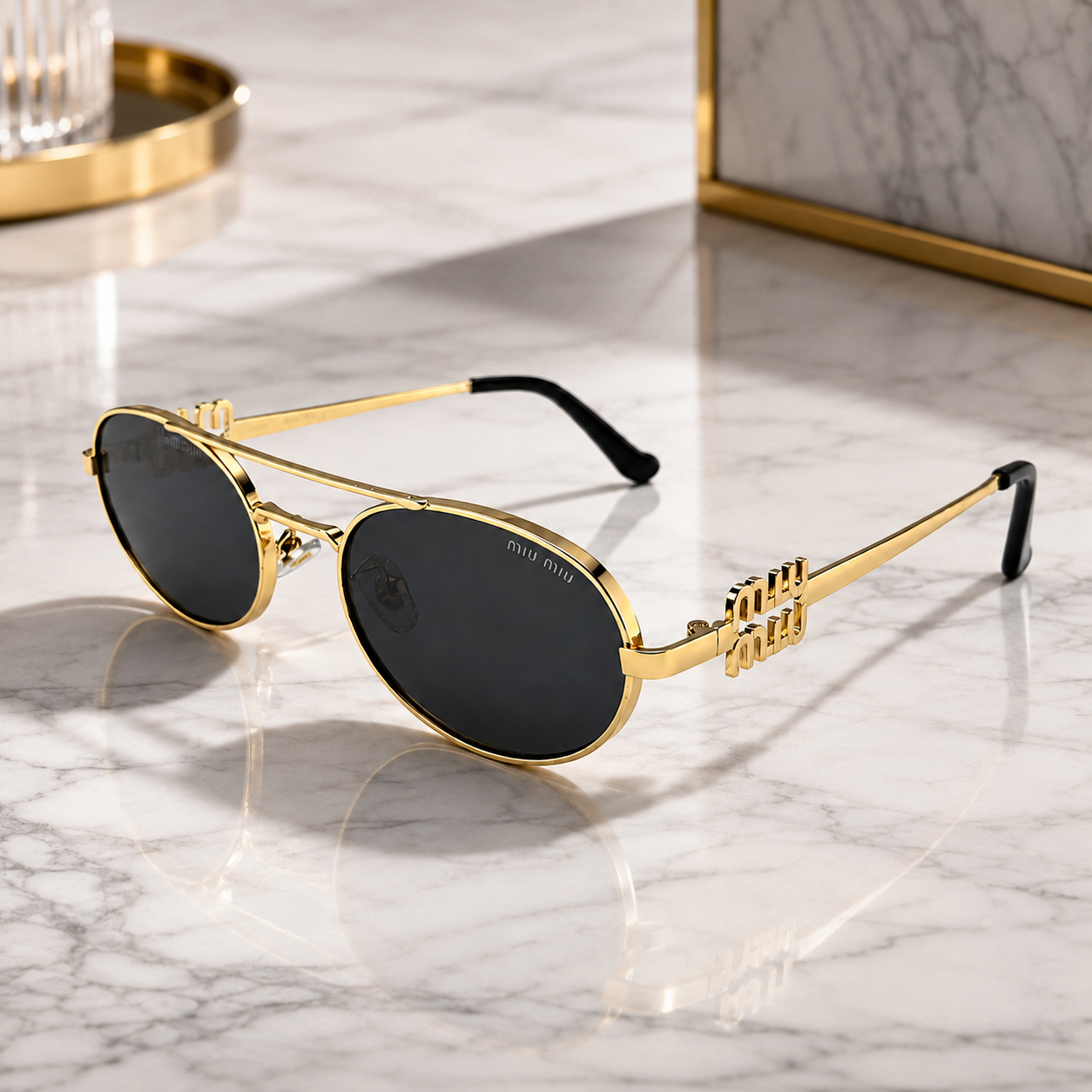 Miu Miu MU54ZS Gold Tone Oval Black Lens Logo Sunglasses