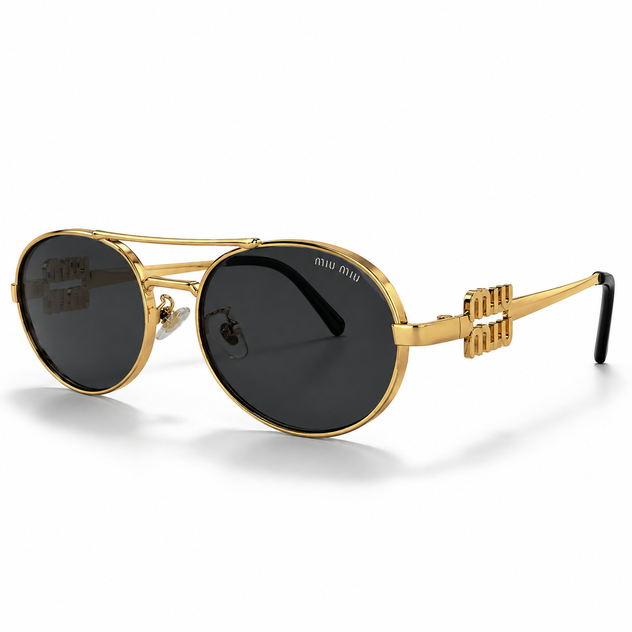 Miu Miu MU54ZS Gold Tone Oval Black Lens Logo Sunglasses