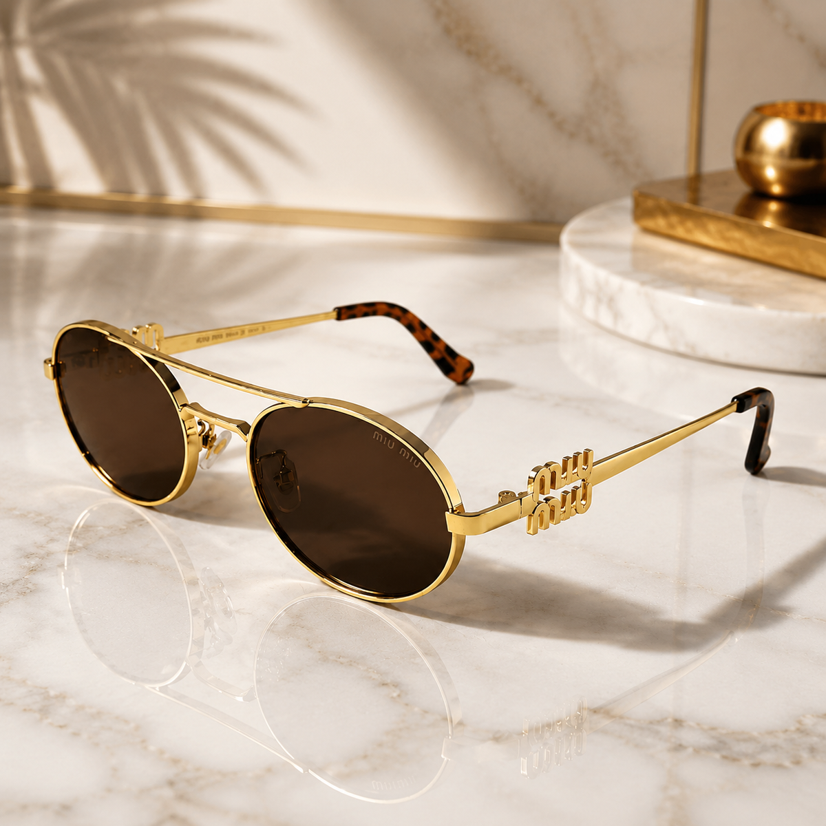 Miu Miu SMU54ZS Gold Tone Metal Oval Brown Lens Sunglasses