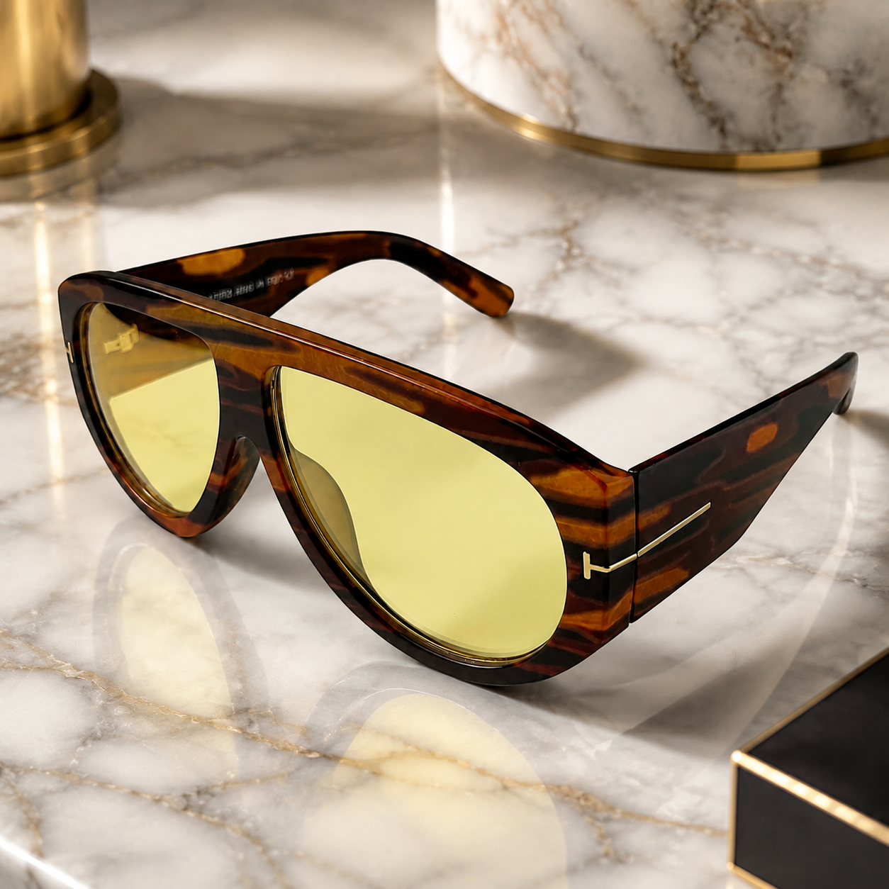 Tom Ford Bronson TF1044 01E Tortoiseshell Yellow Lens Aviator Sunglasses