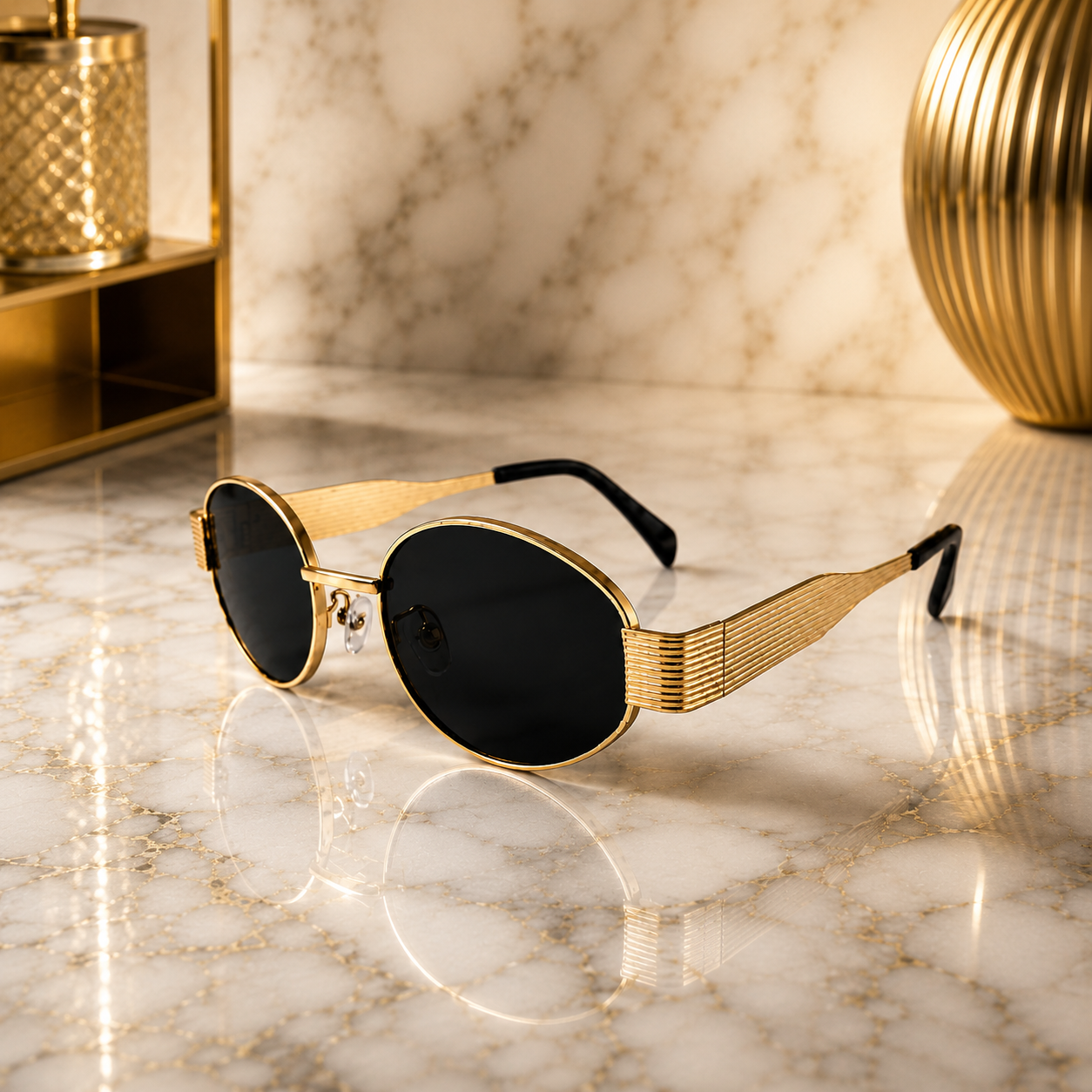 Retro Oval Gold Frame Black Lens Sunglasses for Women