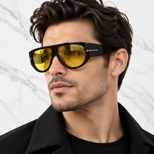 Tom Ford Bronson TF1044 01E Black Yellow Lens Aviator Sunglasses