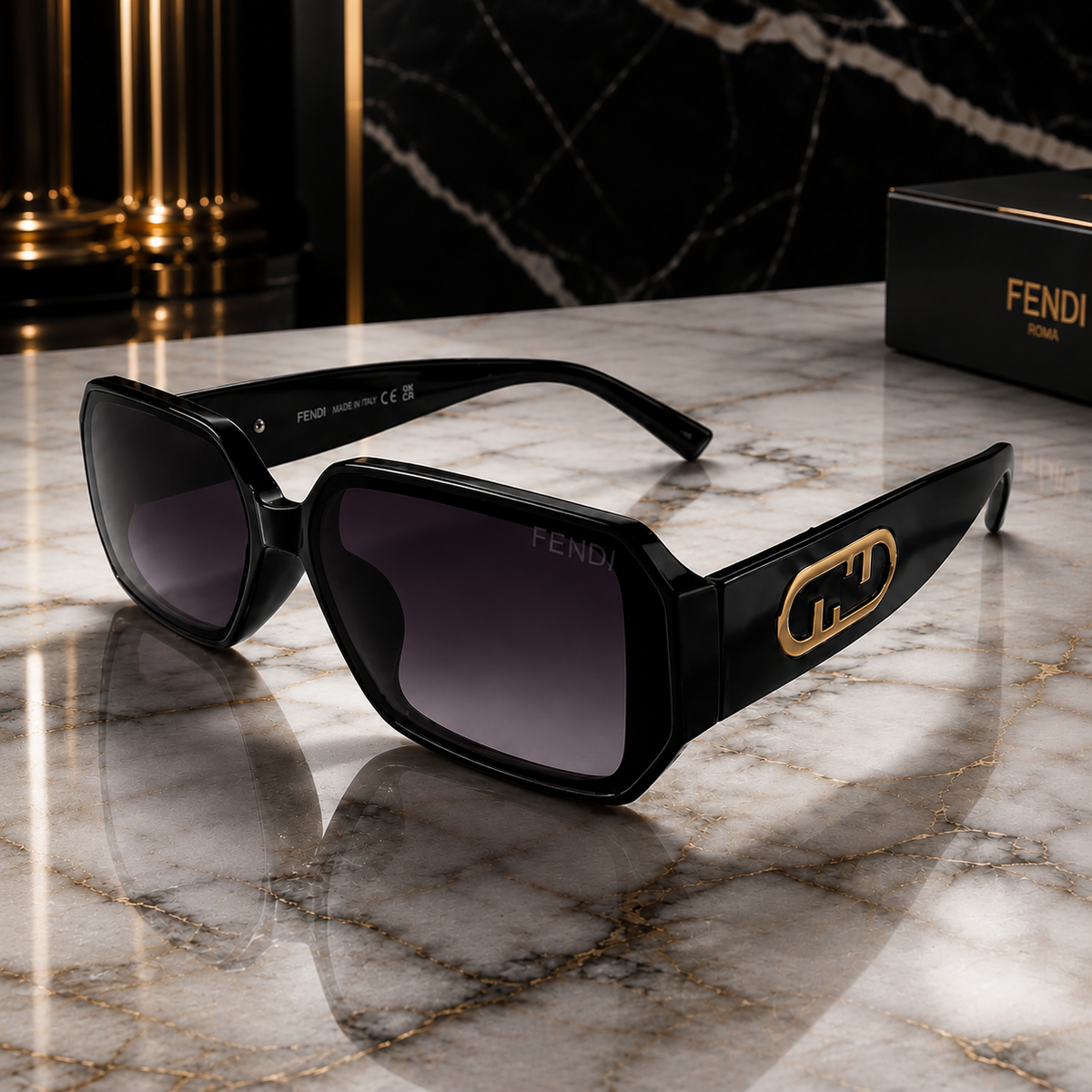 Fendi Gold Tone Black Rectangular Sunglasses – Luxury Eyewear