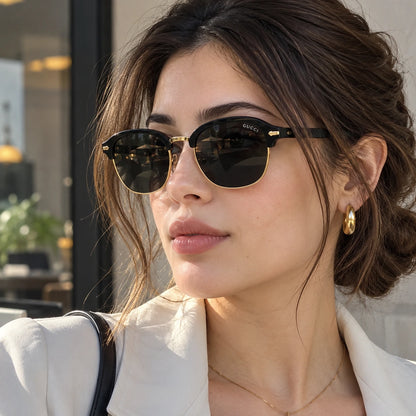 Gucci Black & Gold Browline Sunglasses with Dark Smoke Lenses