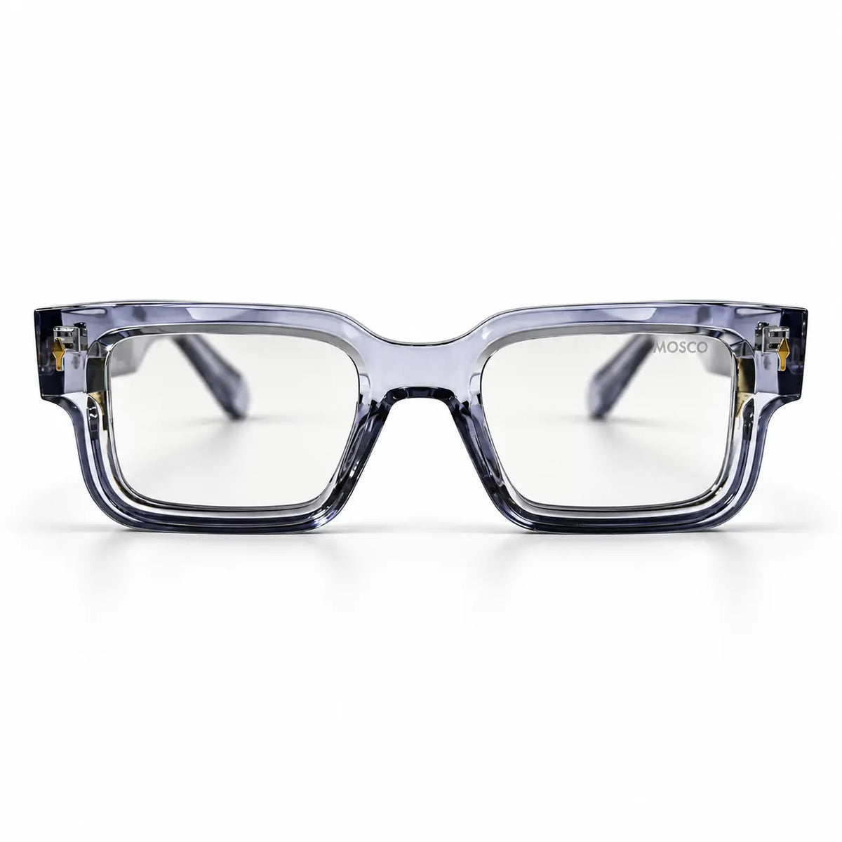 MOSCOT Ice Blue Photochromic Square Glasses – Clear to Dark Lenses