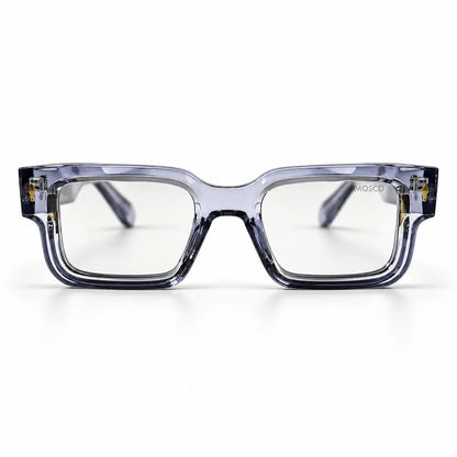 MOSCOT Ice Blue Photochromic Square Glasses – Clear to Dark Lenses