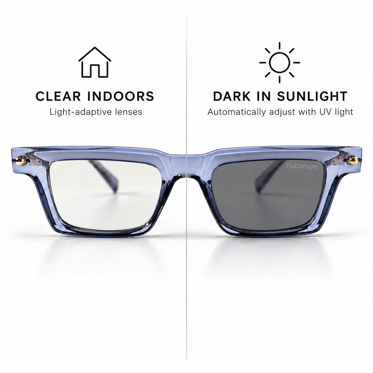 Kuboraum Transparent Blue Photochromic Glasses – Clear to Dark Grey Lenses