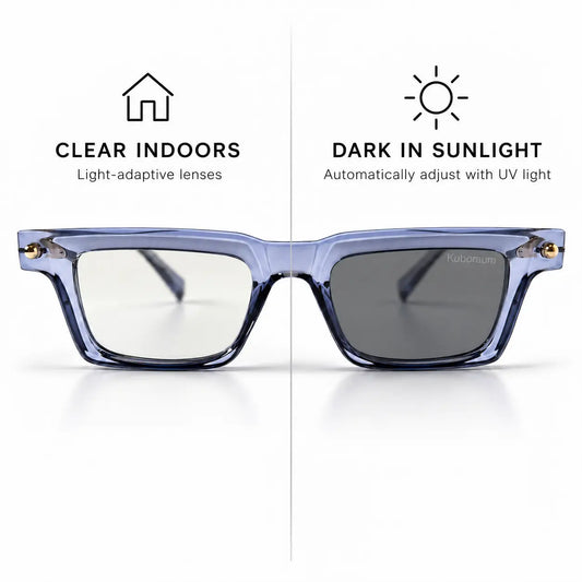 Kuboraum Transparent Blue Photochromic Glasses – Clear to Dark Grey Lenses