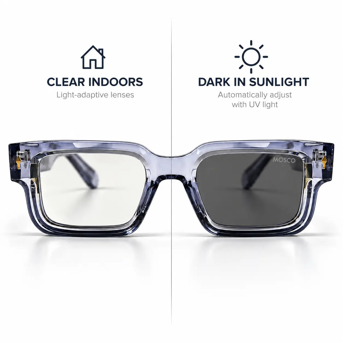 MOSCOT Ice Blue Photochromic Square Glasses – Clear to Dark Lenses