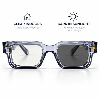 MOSCOT Ice Blue Photochromic Square Glasses – Clear to Dark Lenses