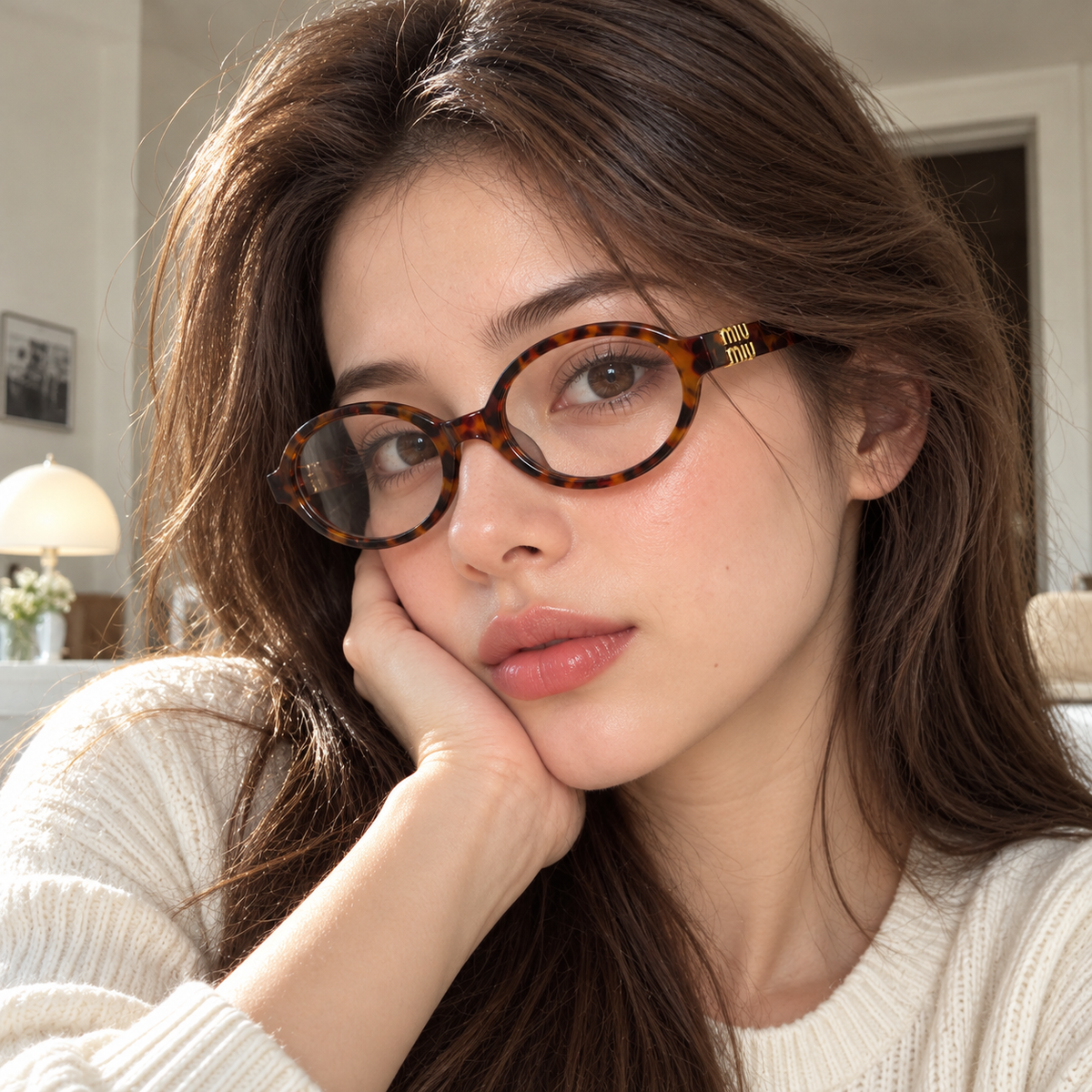 Miu Miu Tortoiseshell Oval Optical Eyeglasses with Gold Logo Detail