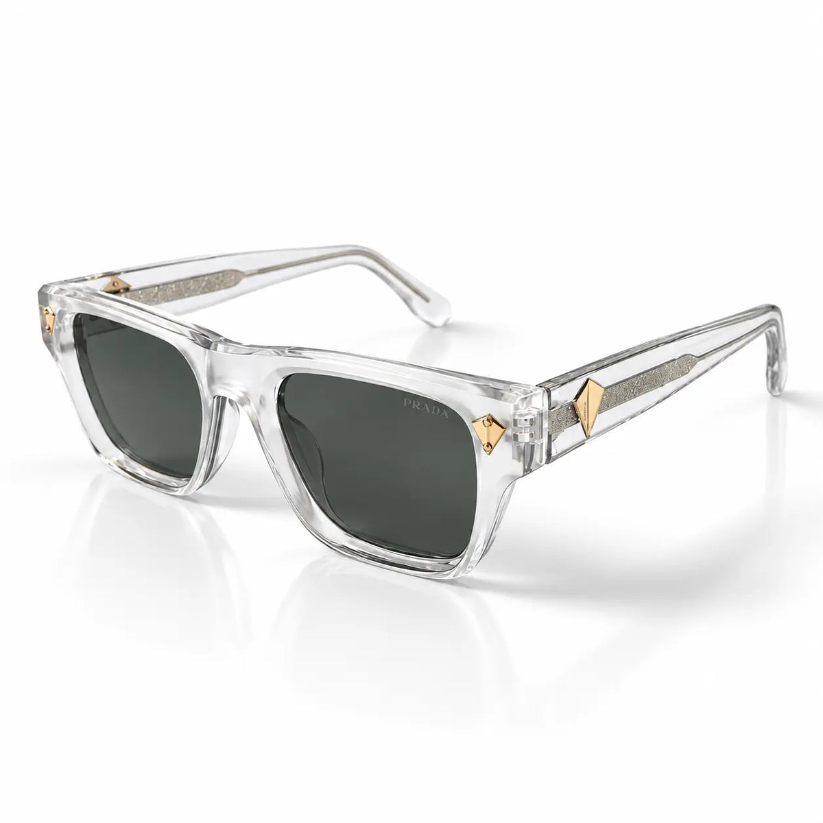 Prada Crystal Clear Rectangular Sunglasses with Grey Lenses & Gold Accents
