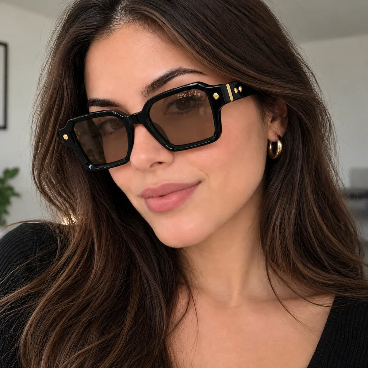 John Dalia Black Geometric Square Sunglasses with Brown Lenses