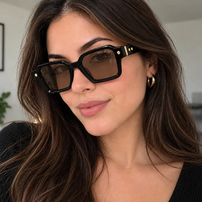 John Dalia Black Geometric Square Sunglasses with Brown Lenses
