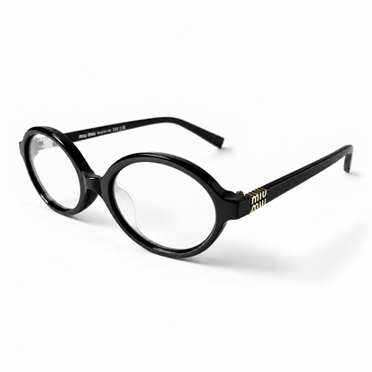 Miu Miu Black Oval Optical Eyeglasses with Gold Logo Detail