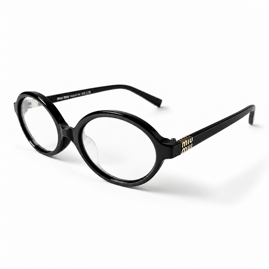 Miu Miu Black Oval Optical Eyeglasses with Gold Logo Detail