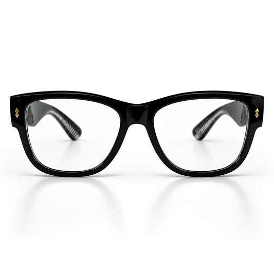Glossy Black Square Eyeglasses with Gold Stud Details