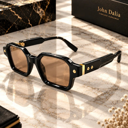John Dalia Black Geometric Square Sunglasses with Brown Lenses