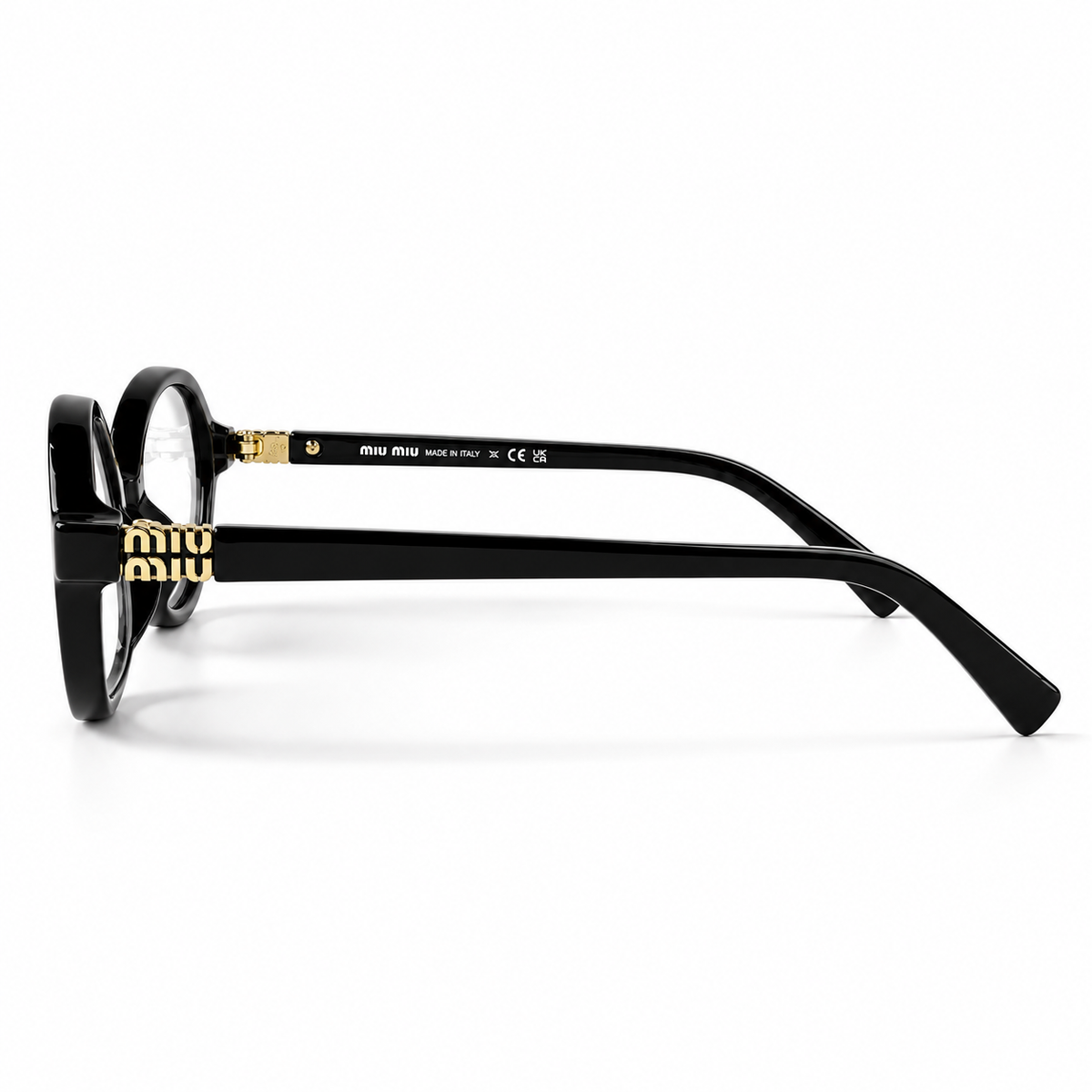 Miu Miu Black Oval Optical Eyeglasses with Gold Logo Detail