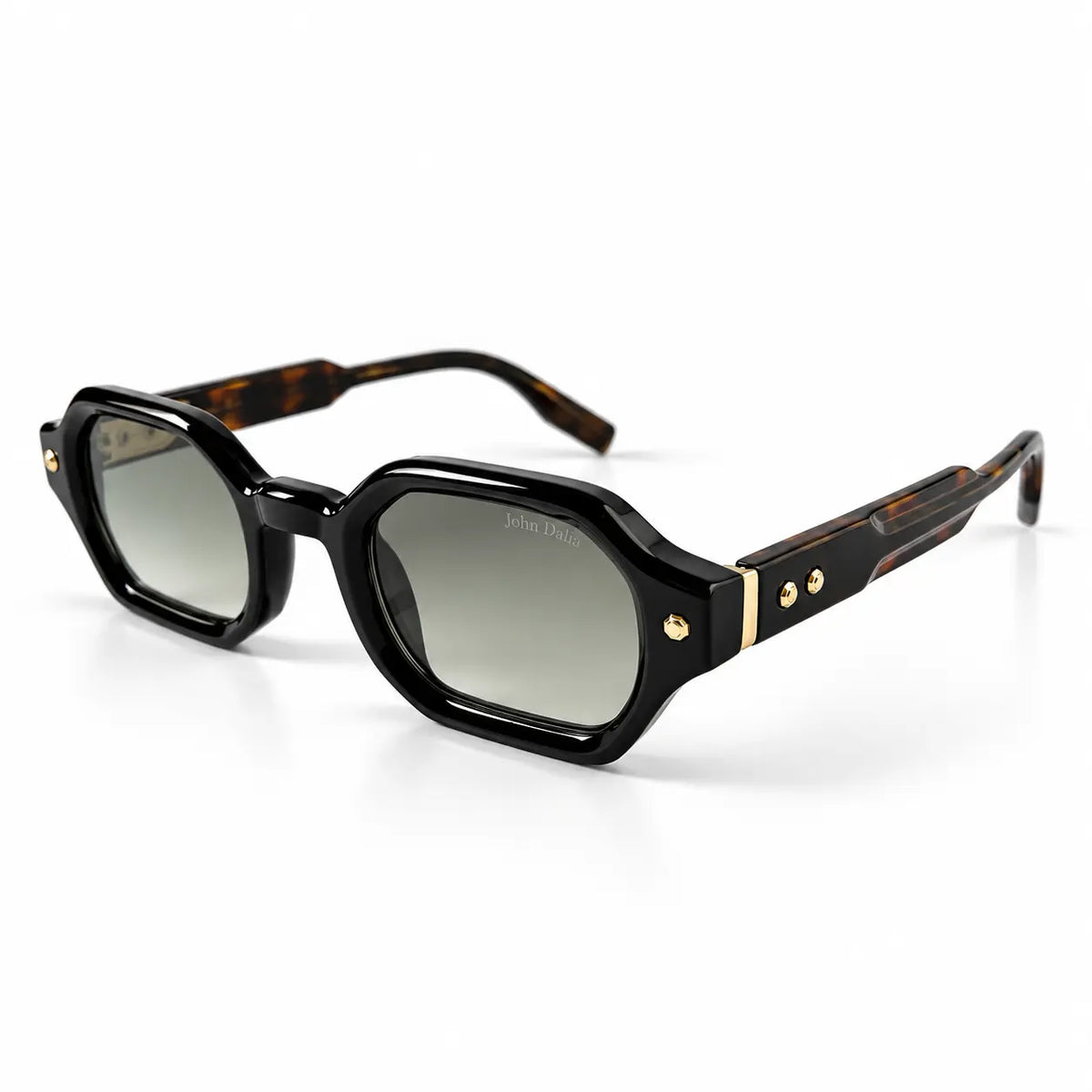 John Dalia Black Geometric Sunglasses with Grey Lenses & Gold Details