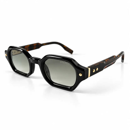 John Dalia Black Geometric Sunglasses with Grey Lenses & Gold Details
