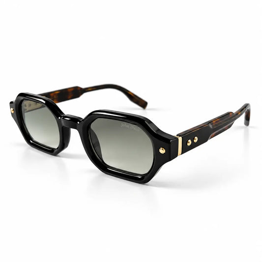 John Dalia Black Geometric Sunglasses with Grey Lenses & Gold Details