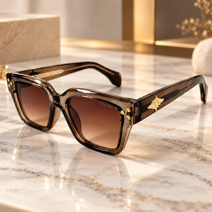 Celine Smoky Brown Square Sunglasses with Gold Bee Emblem