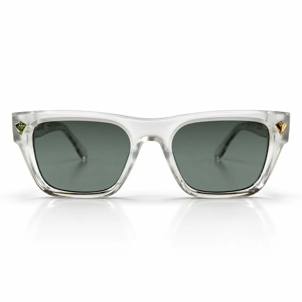 Prada Crystal Clear Rectangular Sunglasses with Grey Lenses & Gold Accents