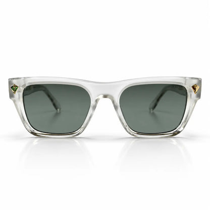 Prada Crystal Clear Rectangular Sunglasses with Grey Lenses & Gold Accents