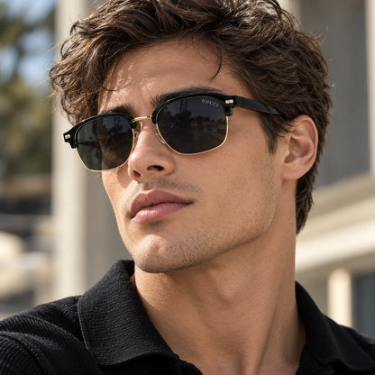 Gucci Black & Gold Browline Sunglasses with Dark Smoke Lenses