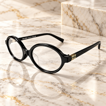 Miu Miu Black Oval Optical Eyeglasses with Gold Logo Detail