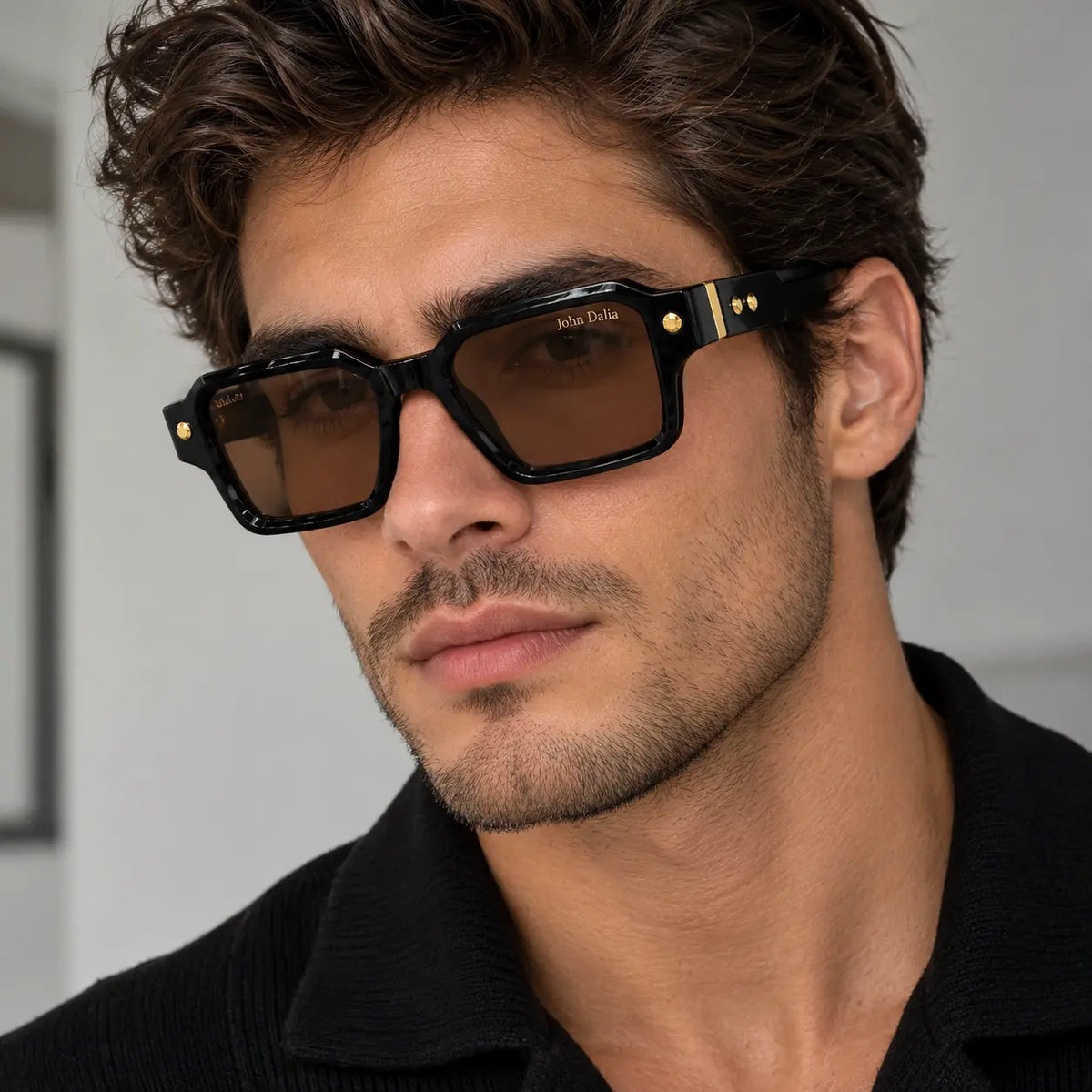 John Dalia Black Geometric Square Sunglasses with Brown Lenses
