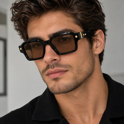 John Dalia Black Geometric Square Sunglasses with Brown Lenses