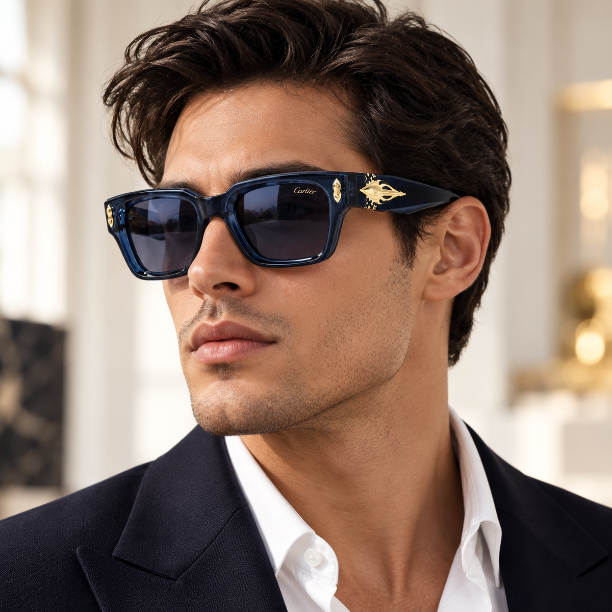 Navy Blue Square Sunglasses with Gold Temple Accents