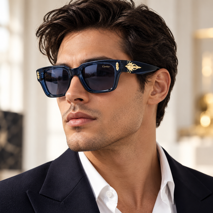 Navy Blue Square Sunglasses with Gold Temple Accents