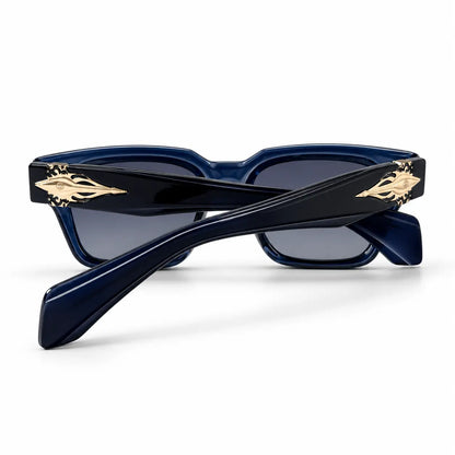 Navy Blue Square Sunglasses with Gold Temple Accents