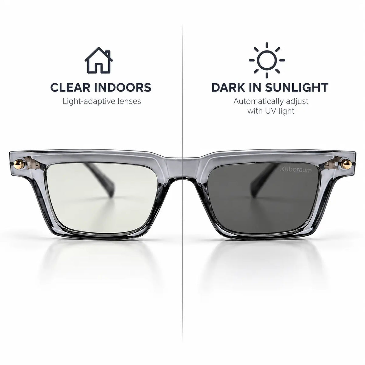 Kuboraum Transparent Grey Photochromic Glasses – UV Light-Adaptive Lenses