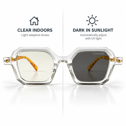 Kuboraum Crystal Clear Photochromic Glasses with Amber Temples & Gold Accents