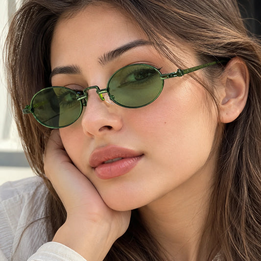 Retro Green Oval Sunglasses with Light Green Tinted Lenses